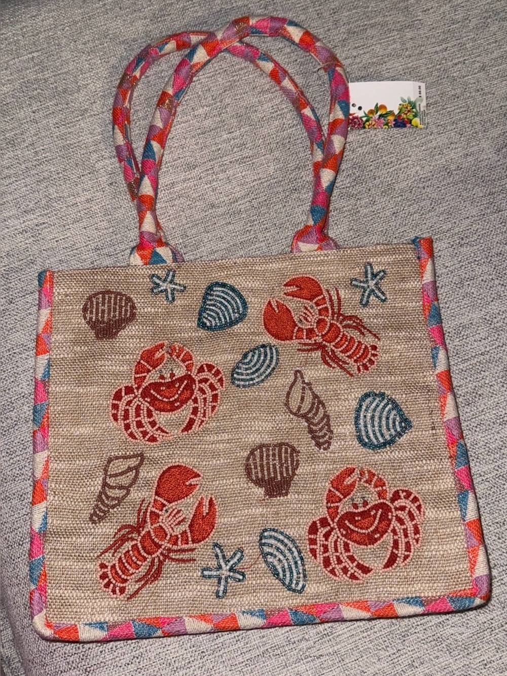 Beaded Coastal Tote with Lobster & Shell Motifs - Natural, Coral & Teal